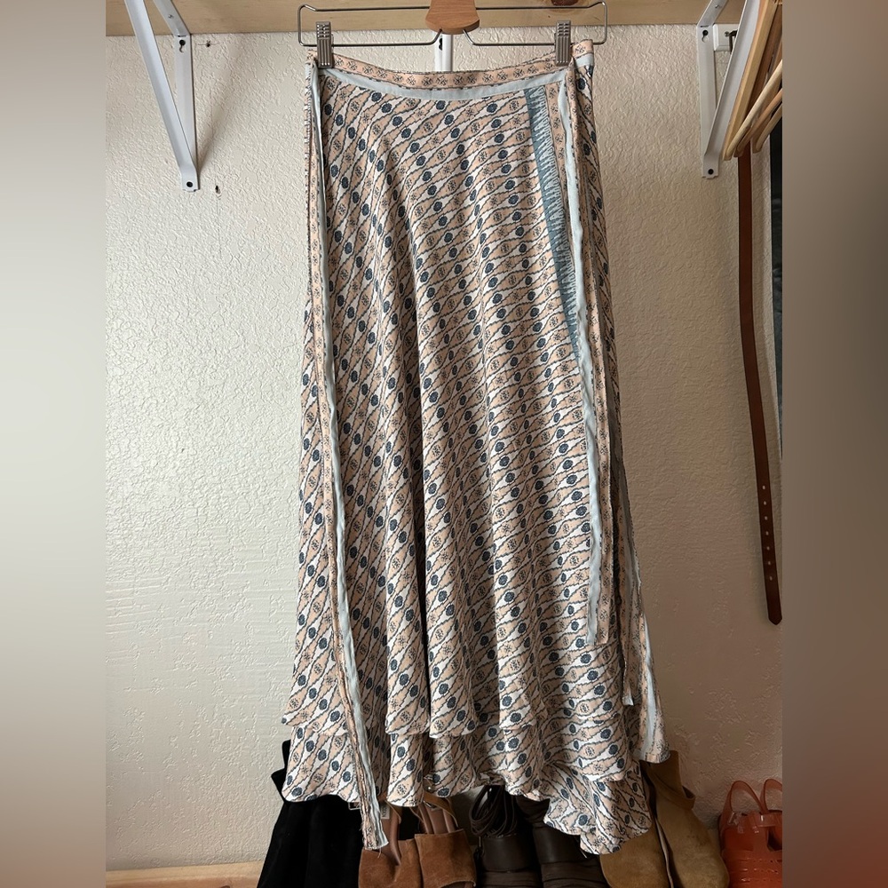 Free People Cream and Blue Maxi Wrap Skirt